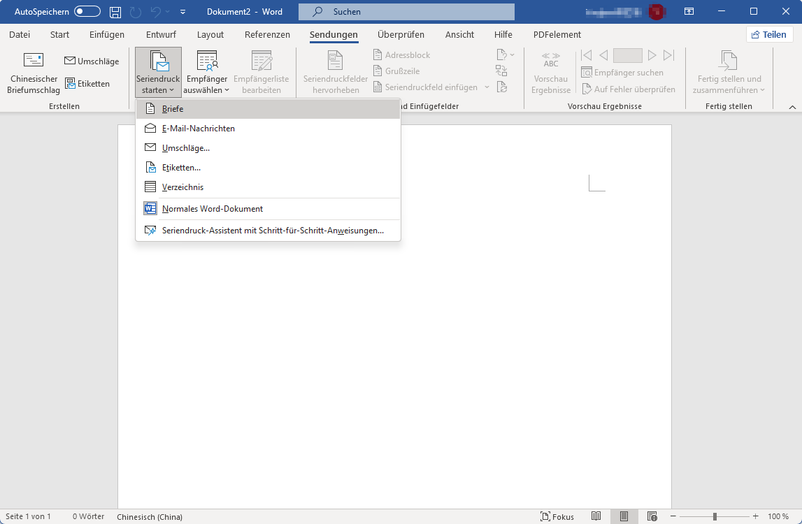 Navigieren Sie in Microsoft Word zur Registerkarte "Sendung", "Seriendruck starten", um Ihr Seriendokument einzurichten oder öffnen Sie ein bestehendes Dokument.