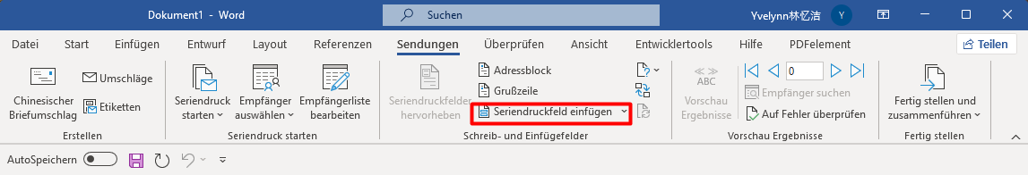 Vergewissern Sie sich, dass Ihr Dokument die Feldnamen enthält, die Sie ausfüllen müssen, z.B. Liebe(r) Vorname. Wenn das Dokument die Felder nicht enthält, klicken Sie auf das Feld "Seriendruck einfügen" auf der Registerkarte Serienbrief.