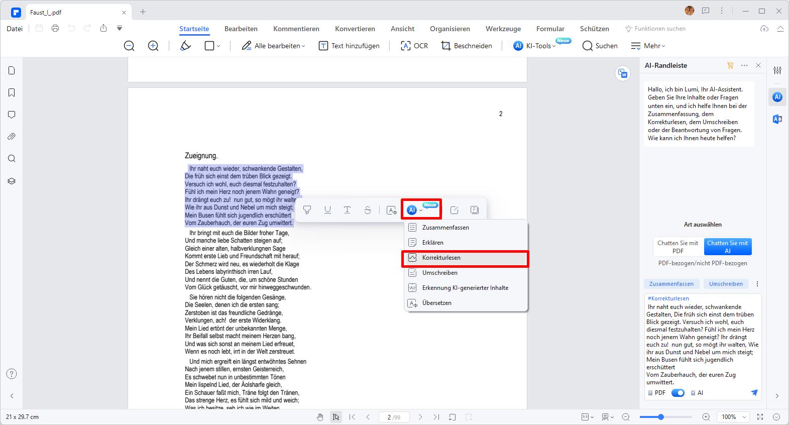 Sie können die KI-Funktionsoptionen auch direkt aufrufen, indem Sie Text auswählen und „Textkorrektur“ auswählen, um schnell mit der Arbeit zum Korrekturlesen des Textes zu beginnen.