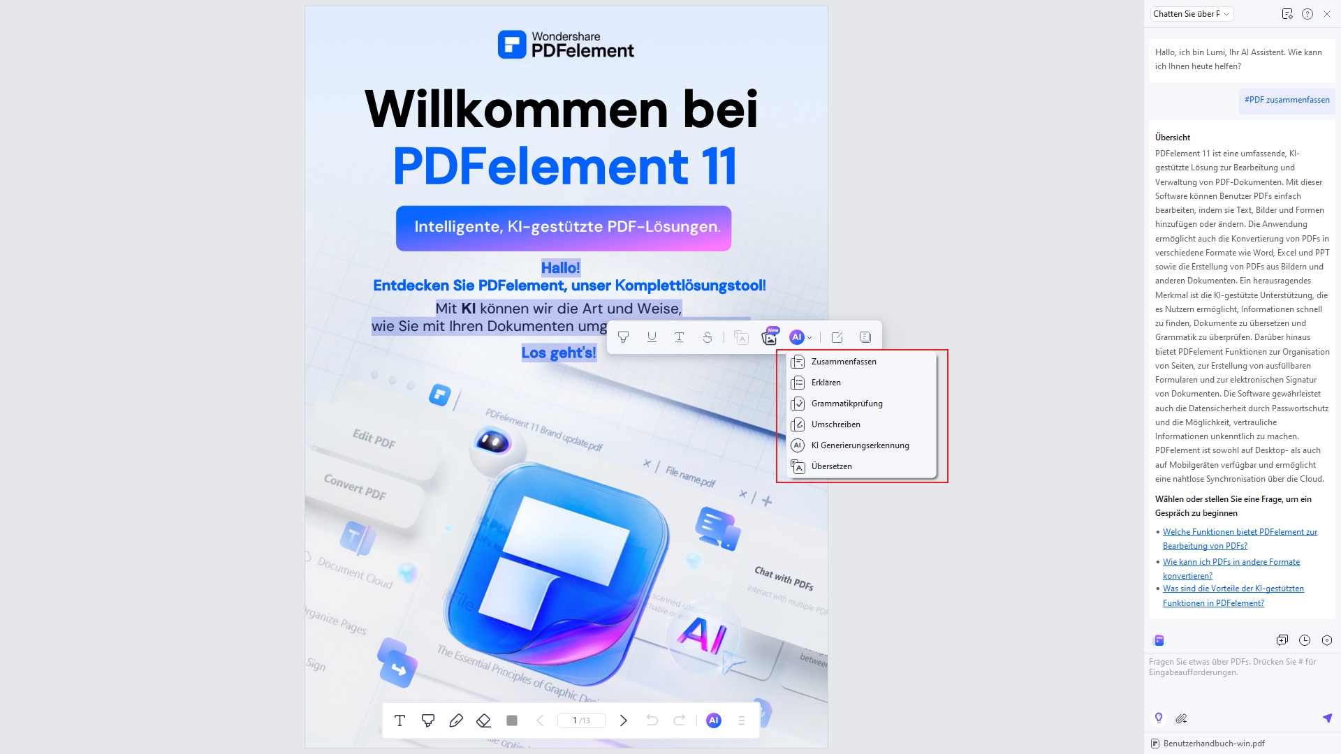 Mit der Integration von Wondershare PDFelement in ChatGPT steht Ihnen ein KI-Assistent zur Verfügung.