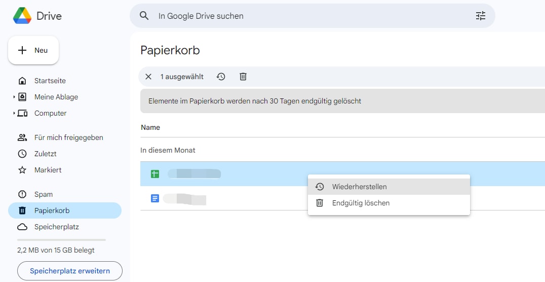 Datei wiederherstllen von Google Drive Papierkorb